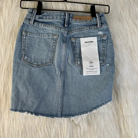 Grlfrnd Denim Rhoda Mini Skirt Blue Distressed Denim 5-Pockets USA 24 New - Picture 3 of 7